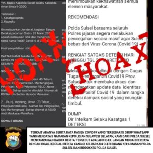 Polda Sulsel Sebut Rilis Nama Pasien Positif Covid-19 di Sulsel Itu Hoax