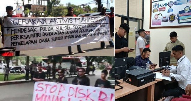 Sekelompok mahasiswa desak Polda Sulsel periksa Putri Dakka, saat di depan Polda Sulsel Jl Perintis Kemerdekaan, Kamis (10/4/2025)