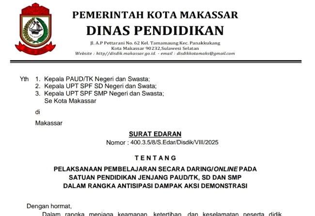 TK, SD dan SMP di Makassar Belajar Oinline Sampai 4 September mengingat situasi tidak kondusif di Makassar karena aksi demo