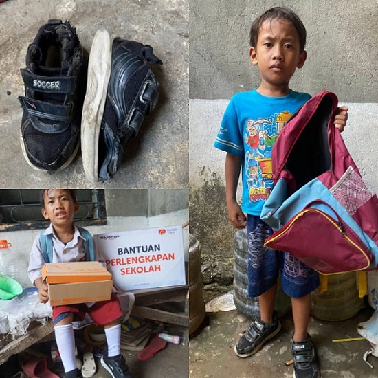 Wahyudi senyum semringah terima pemberian sepatu baru sebagai pengganti alas kaki yang setahun terakhir ini setia menemaninya ke sekolah