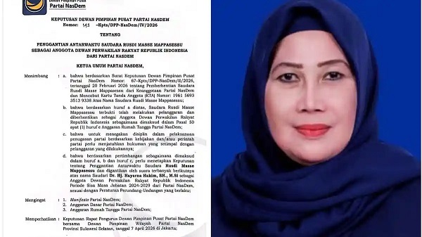 DPP NasDem akhirnya menetapkan Hayarna Hakim sebagai PAW Rusdi Masser mengisi kursi DPR RI Dapil Sulsel III