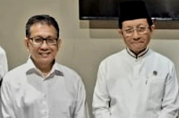 Ketua terpilih PWI Sulsel Suwardi Thahir dan Menag Prof Nazaruddin Umar bahas beragam isu saat bertemu di Hotel Claro Makassar