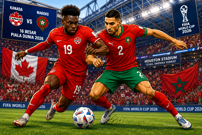 Pertandingan Kanada vs Maroko pada babak 16 besar Piala Dunia 2026 yang akan berlangsung di Houston Stadium, Texas, Amerika Serikat