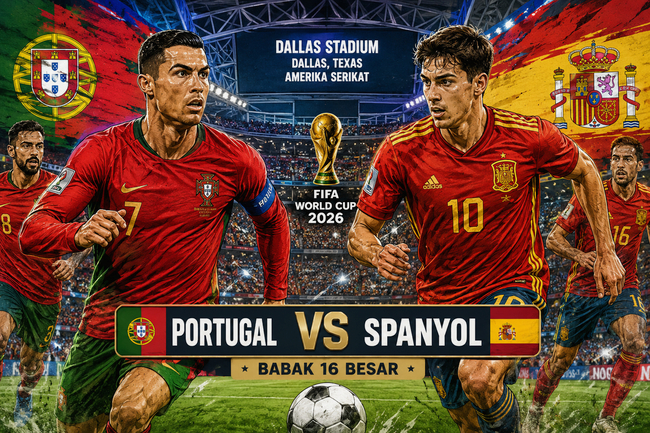 Jadwal dan Prediksi Pertandingan Portugal vs Spanyol Piala Dunia 2026 berlangsung di Dallas Stadium, Texas, Selasa