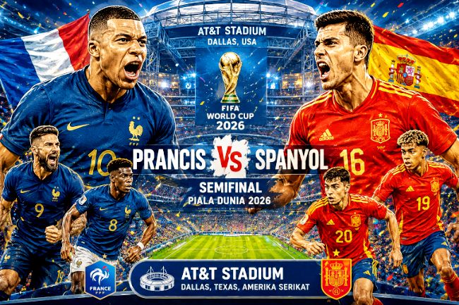 Prediksi Pertandingan Prancis vs Spanyol di Semifinal, menjalani laga memperebutkan satu tiket ke final Piala Dunia 2026