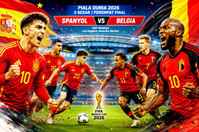 Jadwal dan Prediksi Pertandingan Spanyol vs Belgia di perempat final Piala Dunia 2026 yang akan berlangsung Sabtu dini hari Wita
