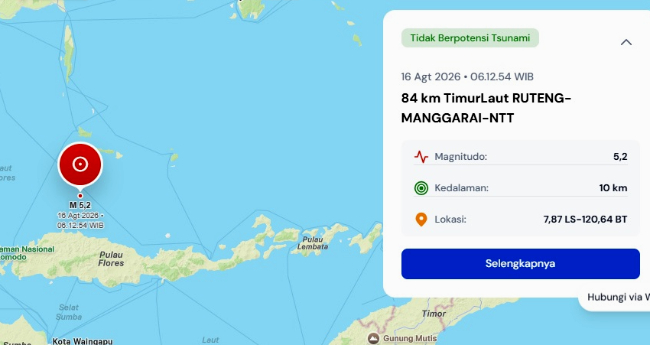 Gempa Susulan M 5,2 Guncang Ruteng NTT Minggu Pagi merupakan gempa susulan dari gempa utama di Manggarai Timur, Sabtu (15/8/2026)