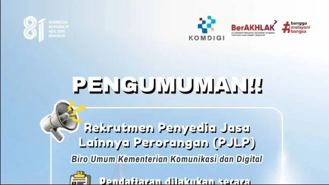Komdigi buka rekrutmen PJLP (Penyedia Jasa Lainnya Perorangan) di lingkungan Biro Umum, Sekretariat Jenderal. Pendaftaran terakhiir besok