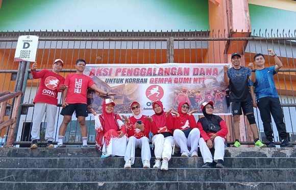 Olahraga Kebugaran Indonesia atau ORKI Sulsel dan Komunitas Senam Nusantara galang dana untuk korban gempa NTT (Nusa Tenggara Timur).