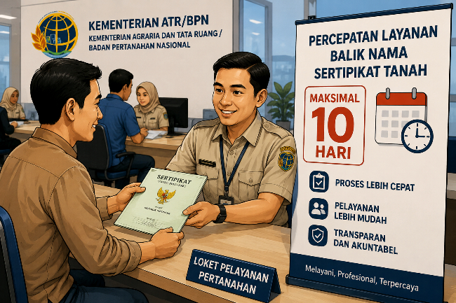 Pemerintah Mempercepat Proses Balik Nama Sertifikat Tanah dengan waktu maksimal 10 hari bekerja sama dengan Kementerian Dalam Negeri