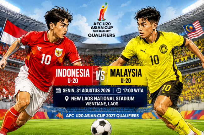 Jadwal Indonesia vs Malaysia Petang Ini di Kualifikasi Piala Asia U-20 2027 pada Senin (31/8/2026) petang ini