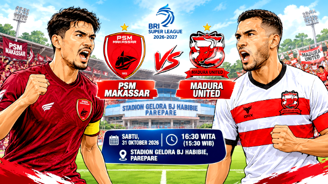 Siaran Langsung PSM Makassar vs Madura di Super League Petang Ini berlangsung di Stadion Gelora BJ Habibie Parepare
